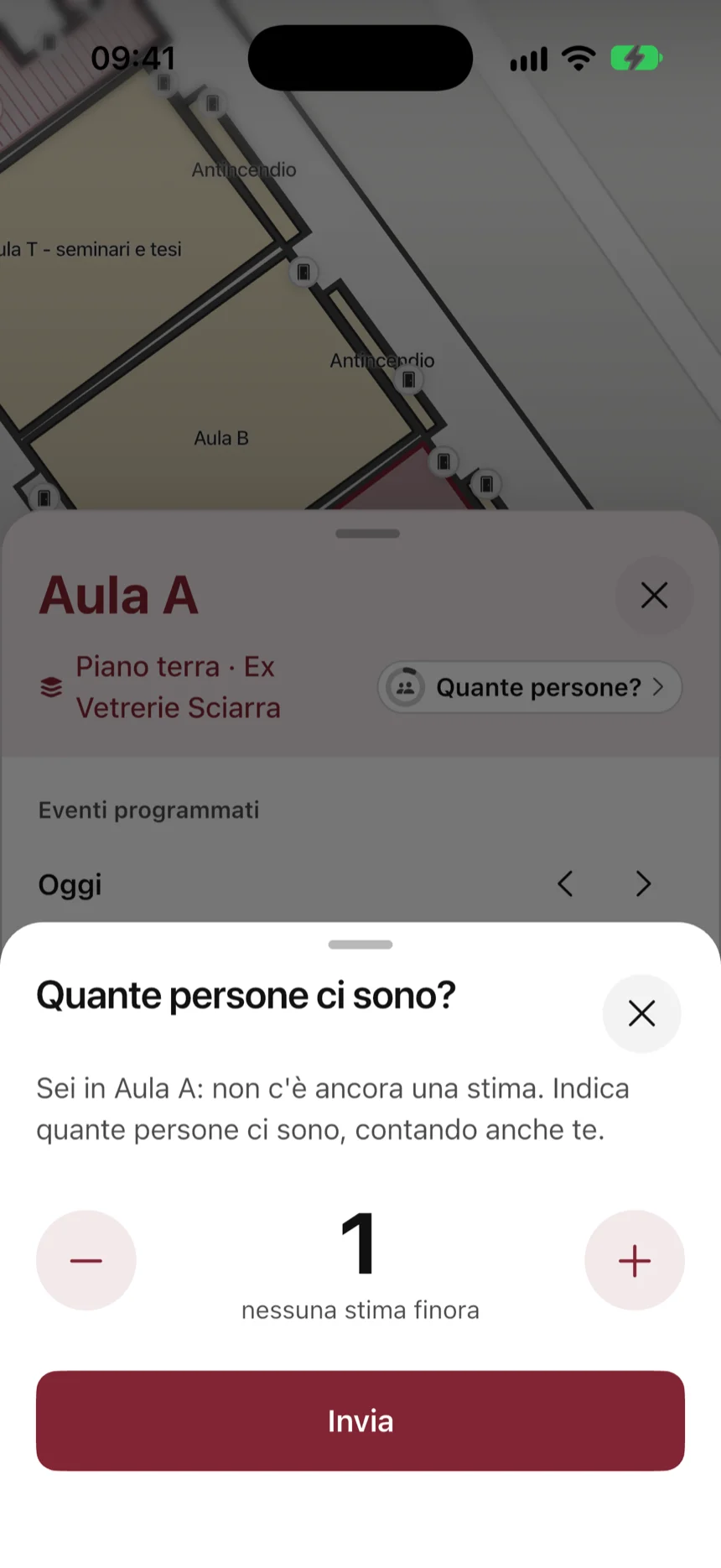 La domanda «Quante persone ci sono?»: un numero da abbassare o alzare con i pulsanti meno e più, e il pulsante Invia.