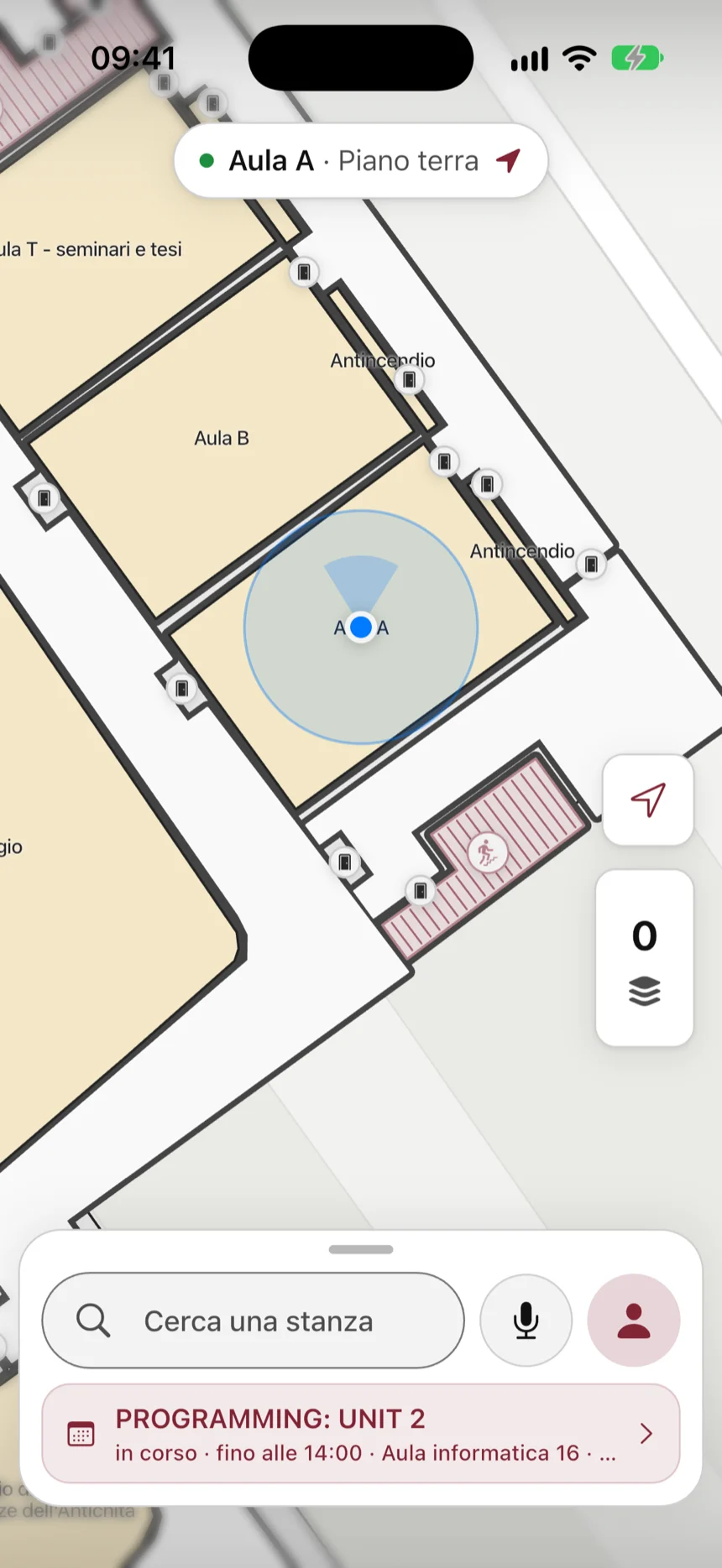 La mappa con un punto blu dentro l'Aula A. In alto, la scritta «Aula A · Piano terra».