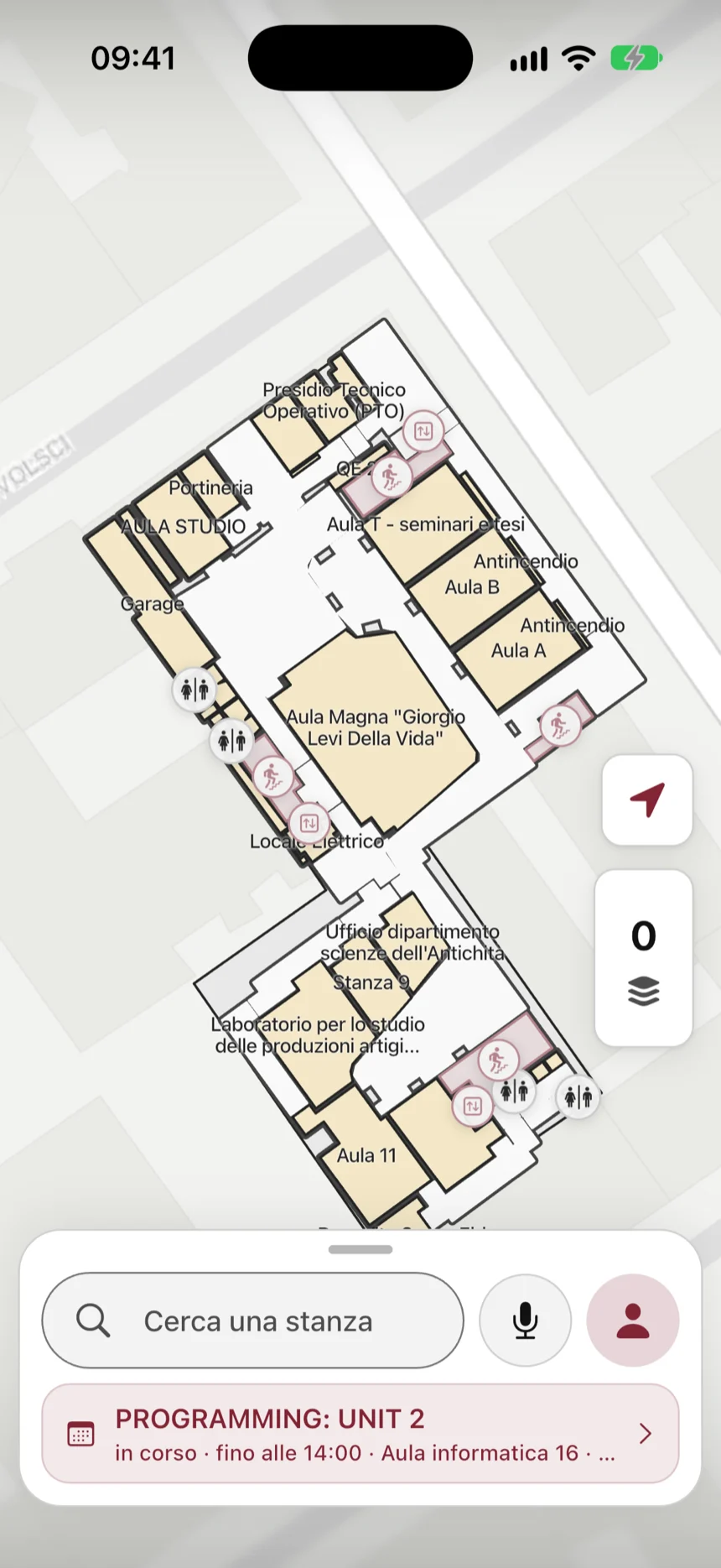 La mappa dell'edificio Ex Vetrerie Sciarra con i nomi delle aule. In basso, la barra Cerca una stanza e la lezione in corso.