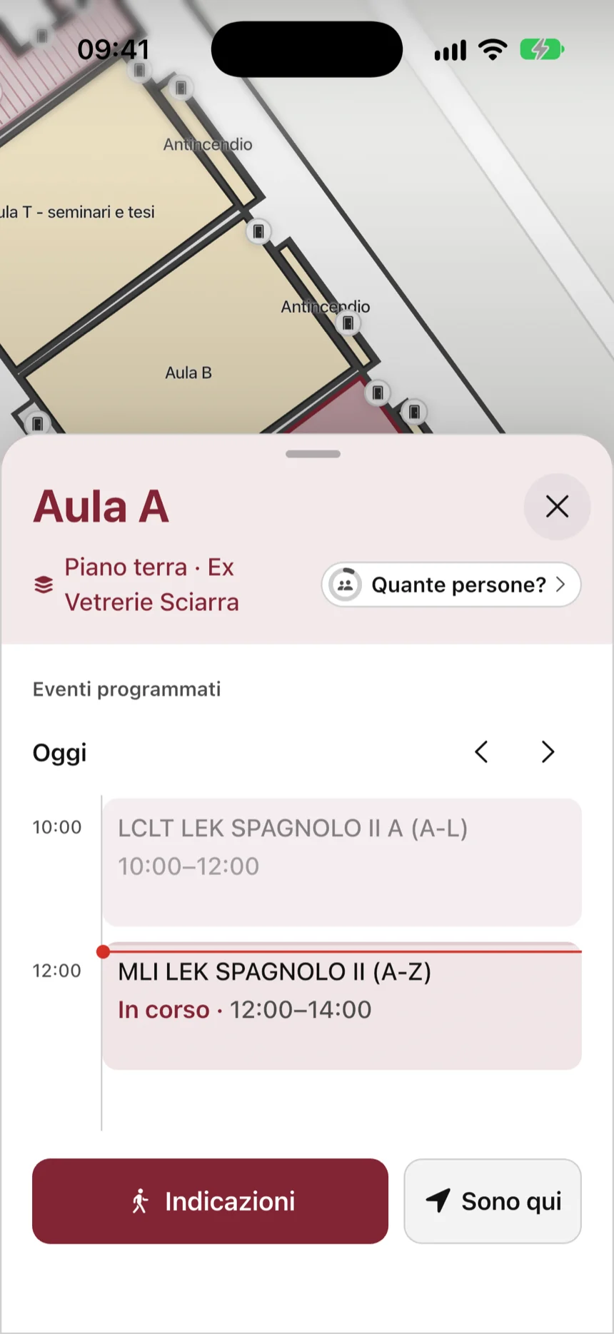 La scheda dell'Aula A: piano terra, Ex Vetrerie Sciarra. Sotto, le lezioni di oggi e i pulsanti Indicazioni e Sono qui.