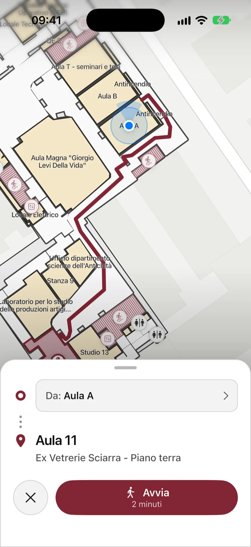 Il percorso dall'Aula A all'Aula 11, disegnato in rosso sulla mappa. In basso, il pulsante Avvia, 2 minuti.